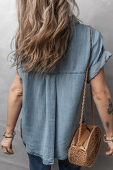 Folded Short Sleeve Patched Pocket Denim Shirt OutfitFlow